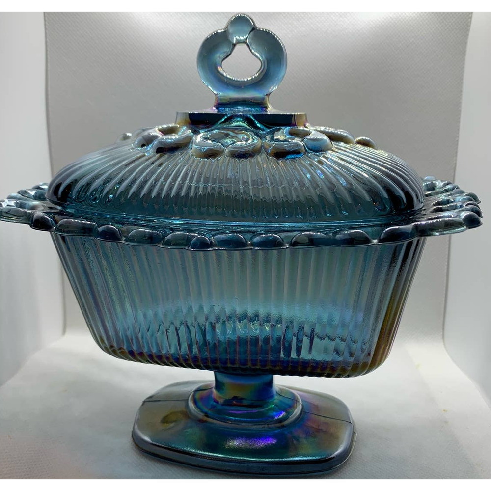 VTG Indiana Glass Candy Dish with Lace Edge, Carnival Glass, Iridescent Blue